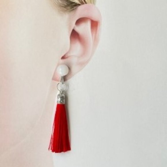Red and White Tassel Earring - Picture 3 of 3